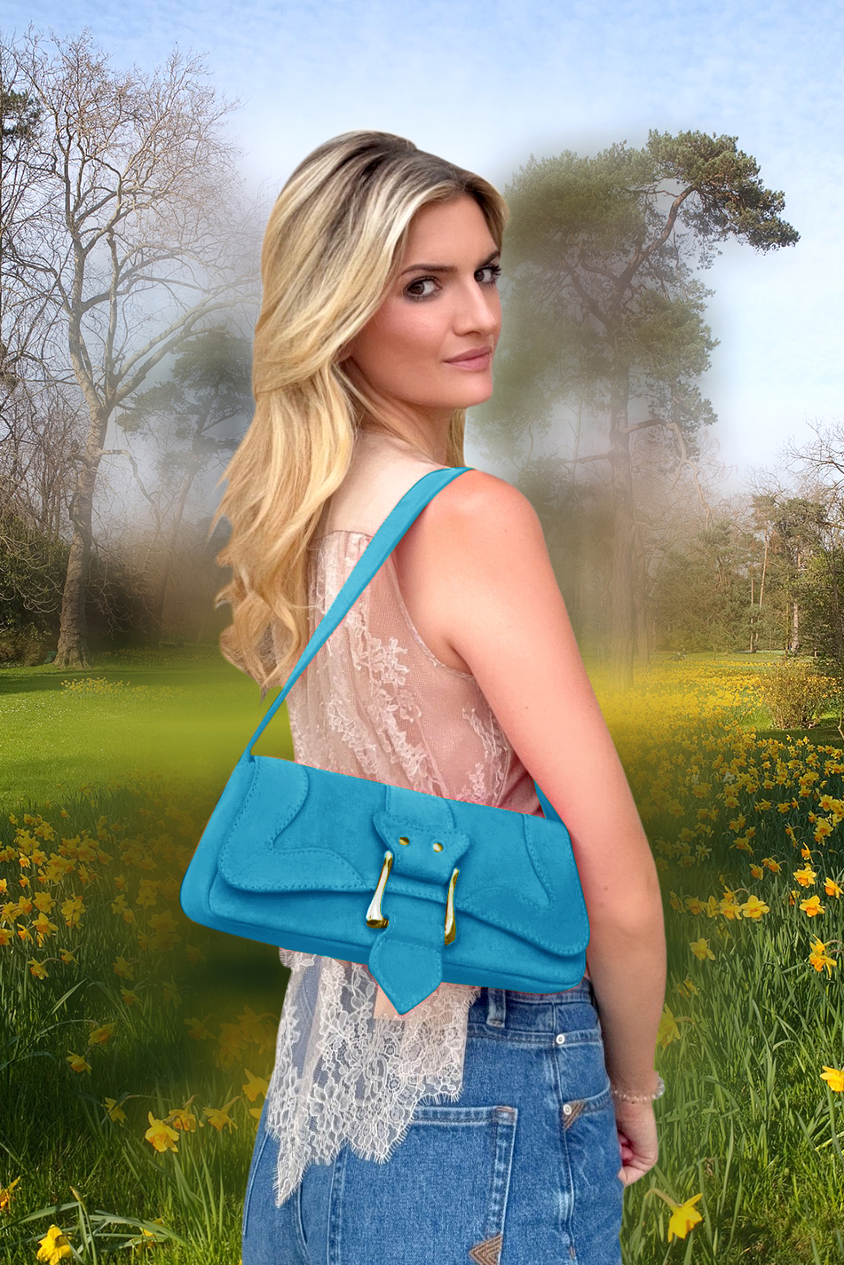 Small dressy baguette bag in turquoise blue leather - Top view